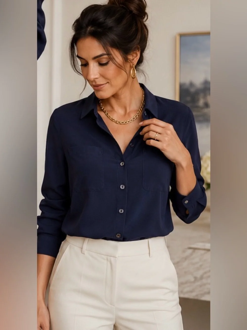 Kate Spade New York 100% Silk Navy Button Up Blouse Size 2 Long Sleeve Dual Pock